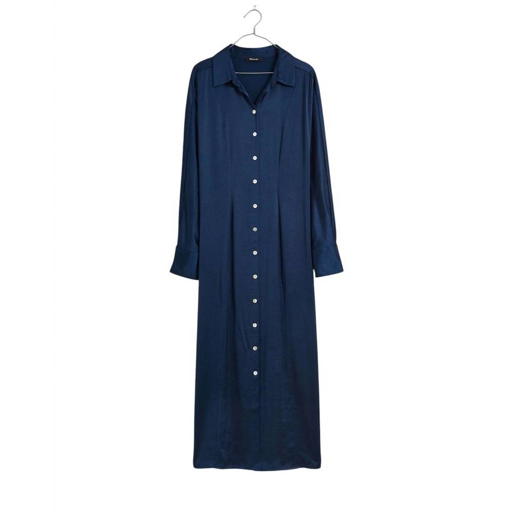 NEW MADEWELL satin button-front midi shirtdress in navy - Picture 5 of 5